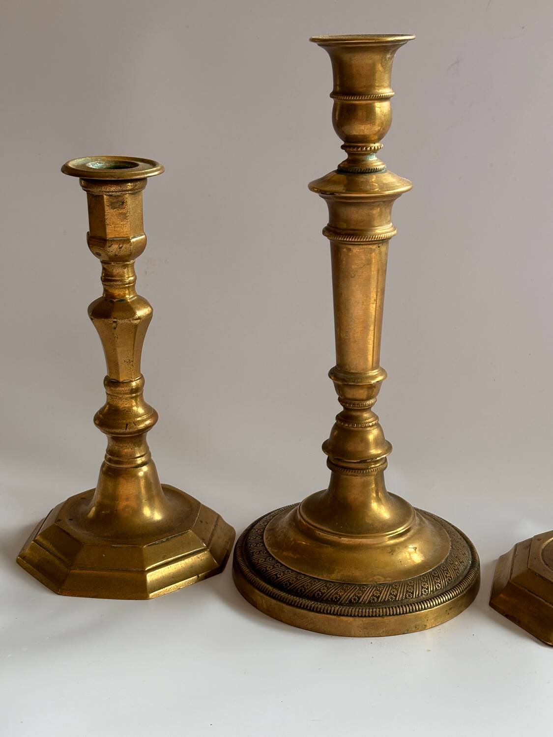 Set of 3 bronze and brass candlesticks, 19th century