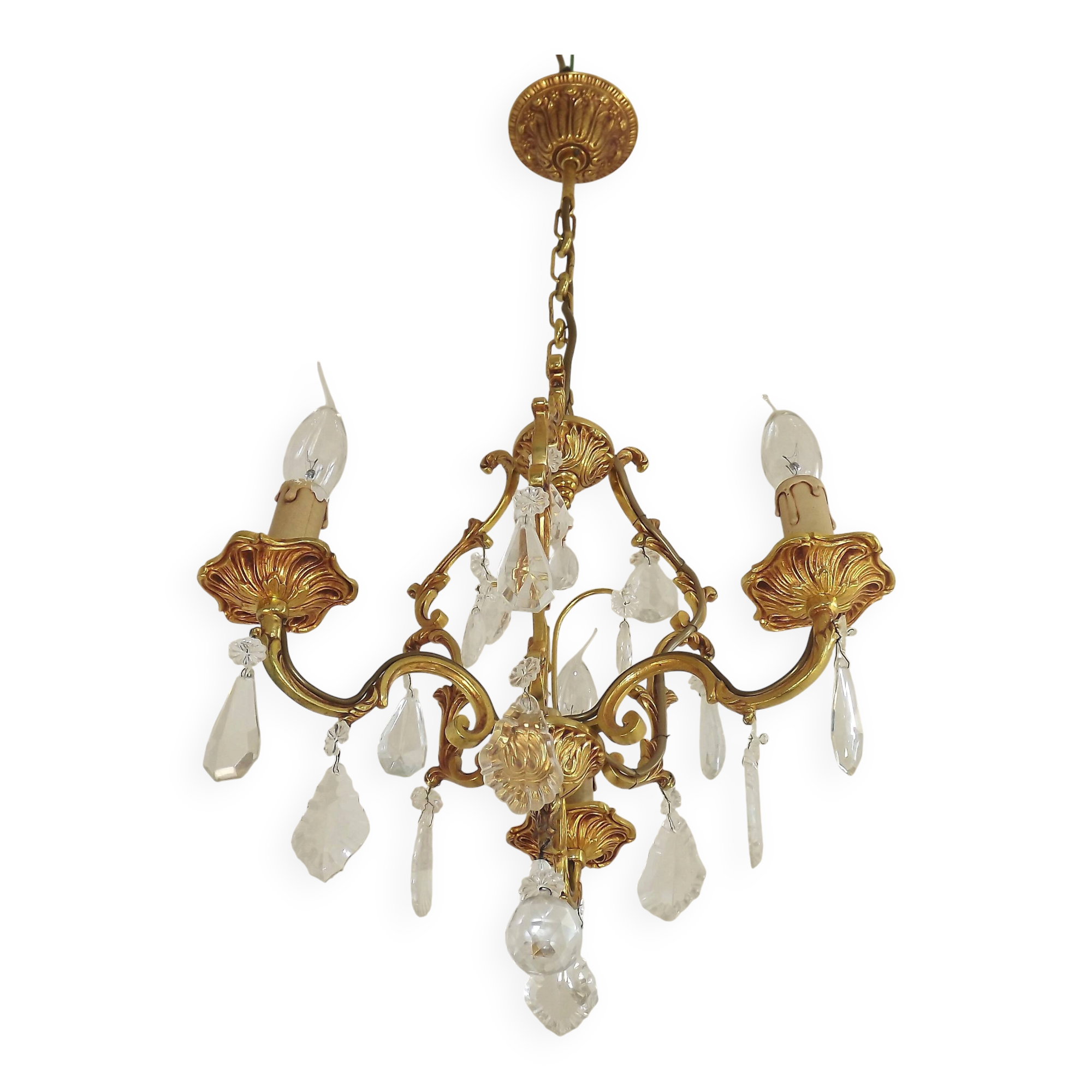 French Vintage Brass Mid Century 3 Light 3 Sided Crystal Cage Chandelier