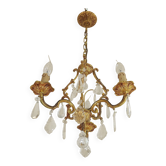 Chandelier en cristal à cage de 3 lumières en laiton vintage français des années 50 à 3 côtés.
