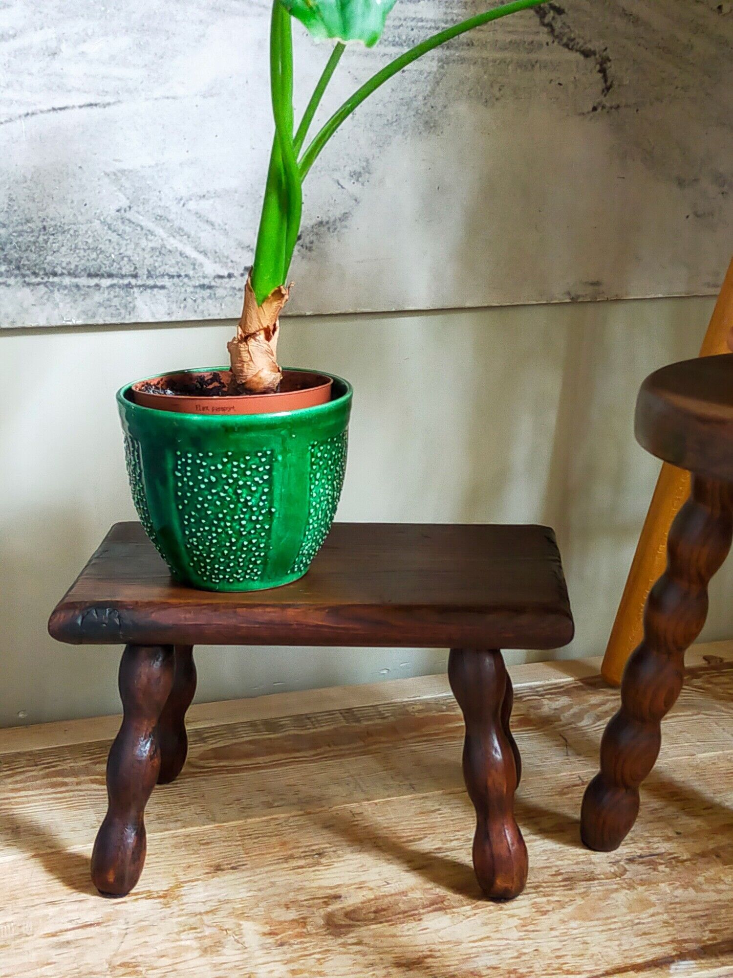 Pair of vintage solid turned wood footstools