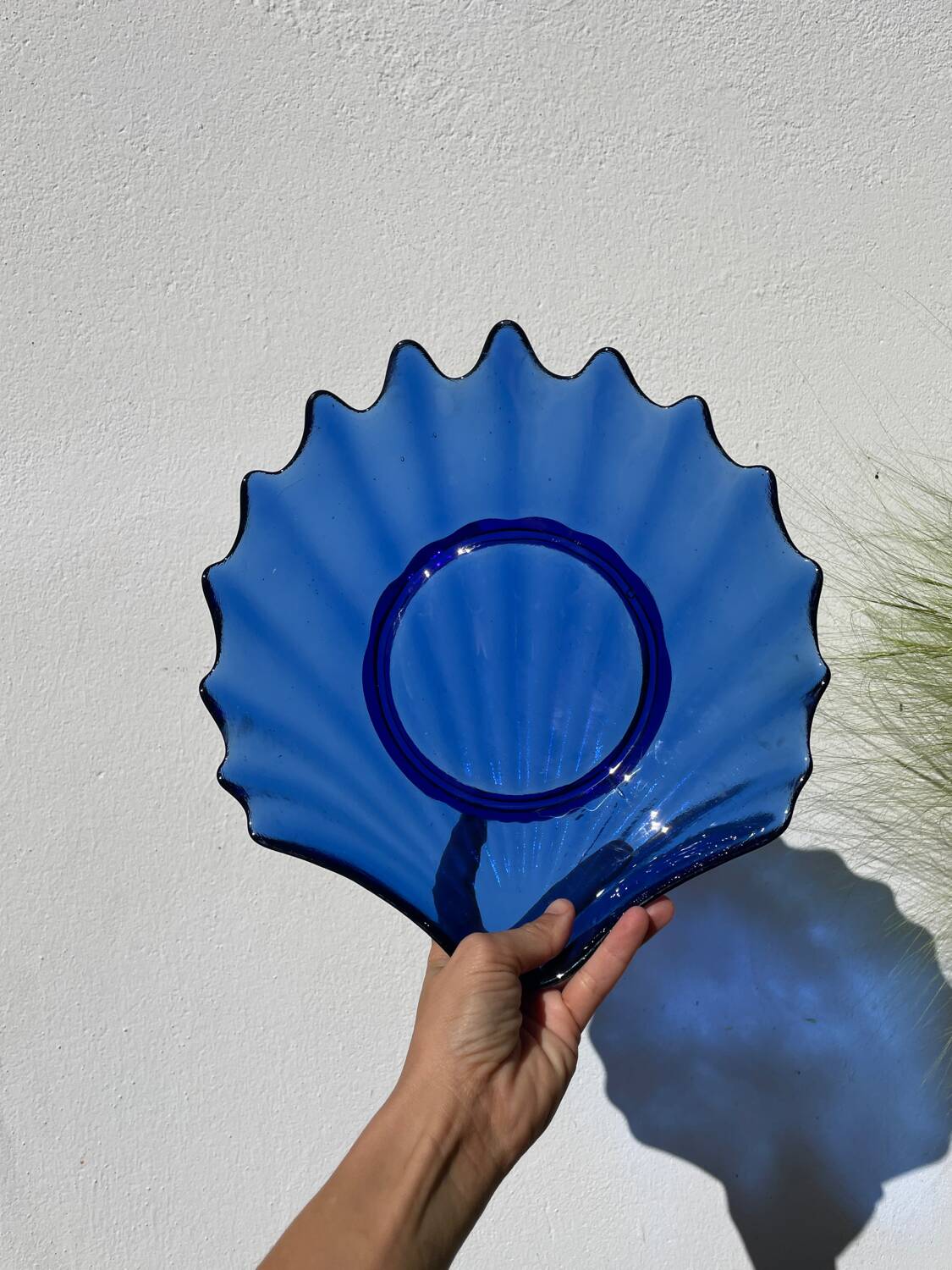 Blue glass shell salad bowl