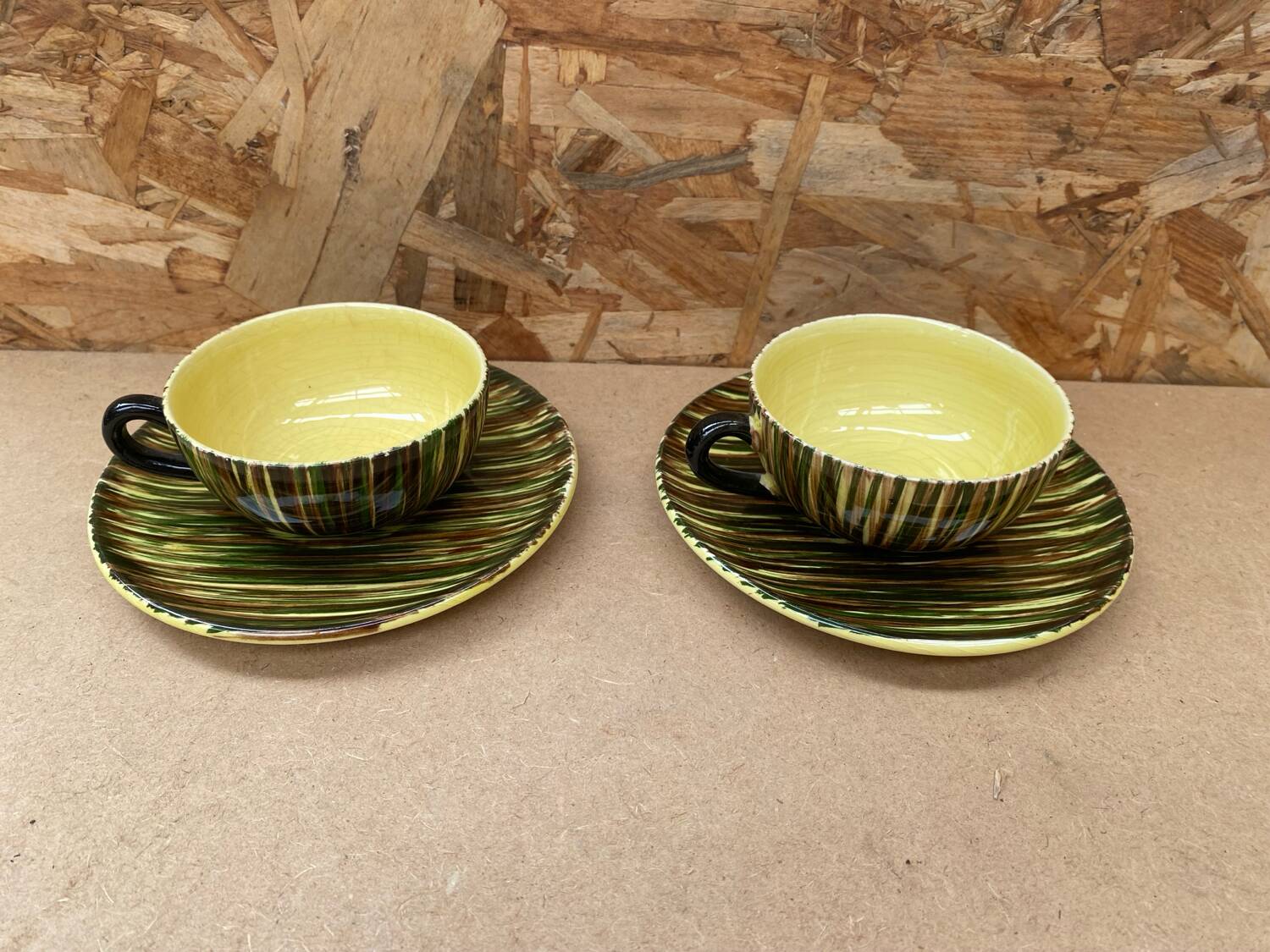 Pair of antique st clement safari ceramic yellow vintage mugs