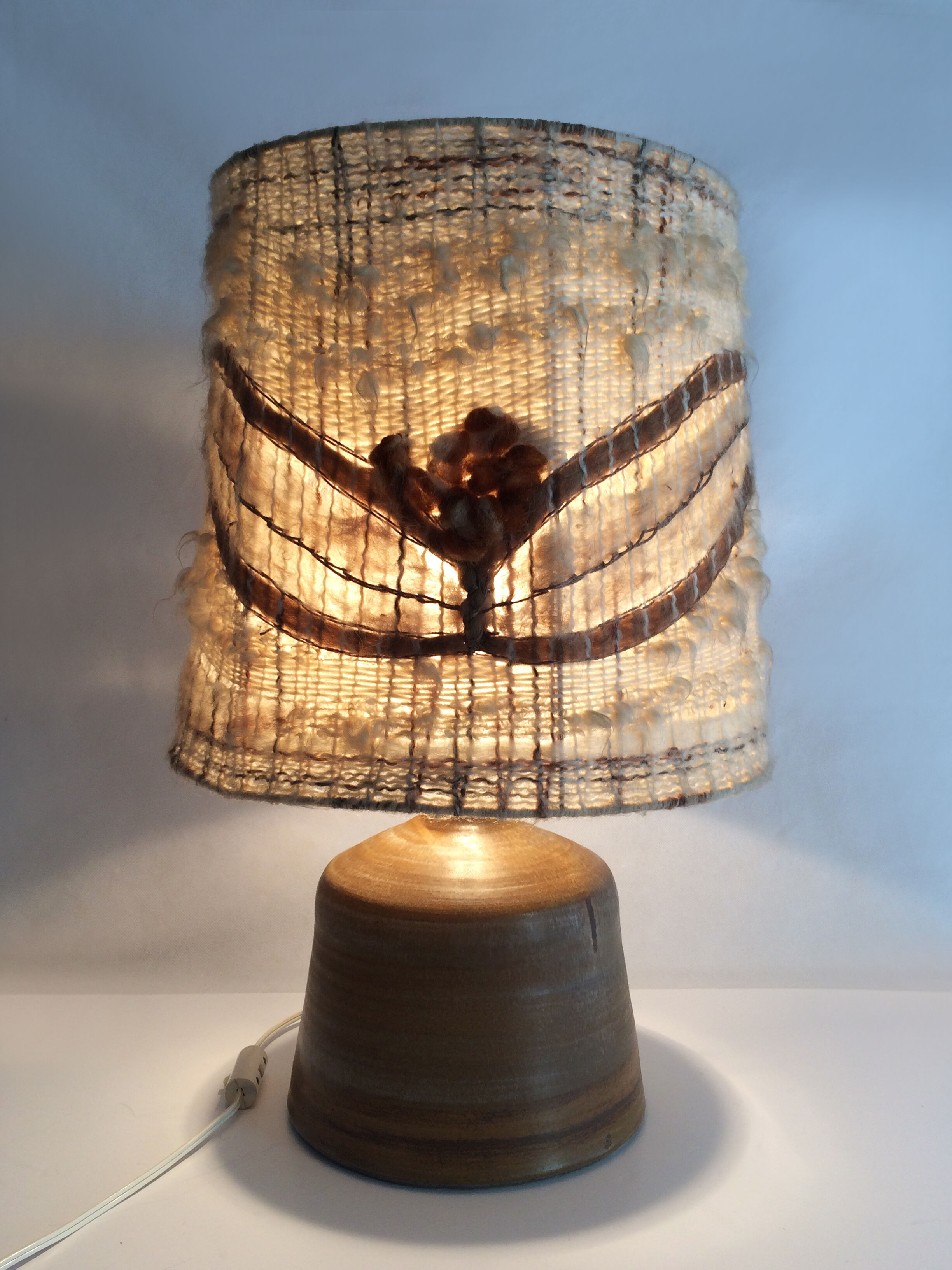 Vintage stoneware lamp and wool lampshade, year 60