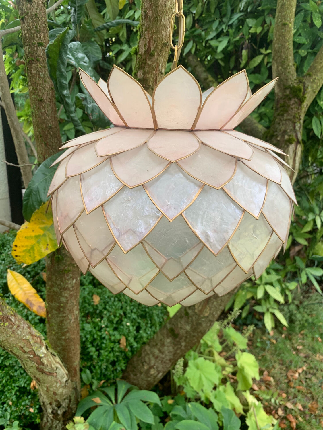 Chandelier, vintage mother-of-pearl lotus pendant 1980