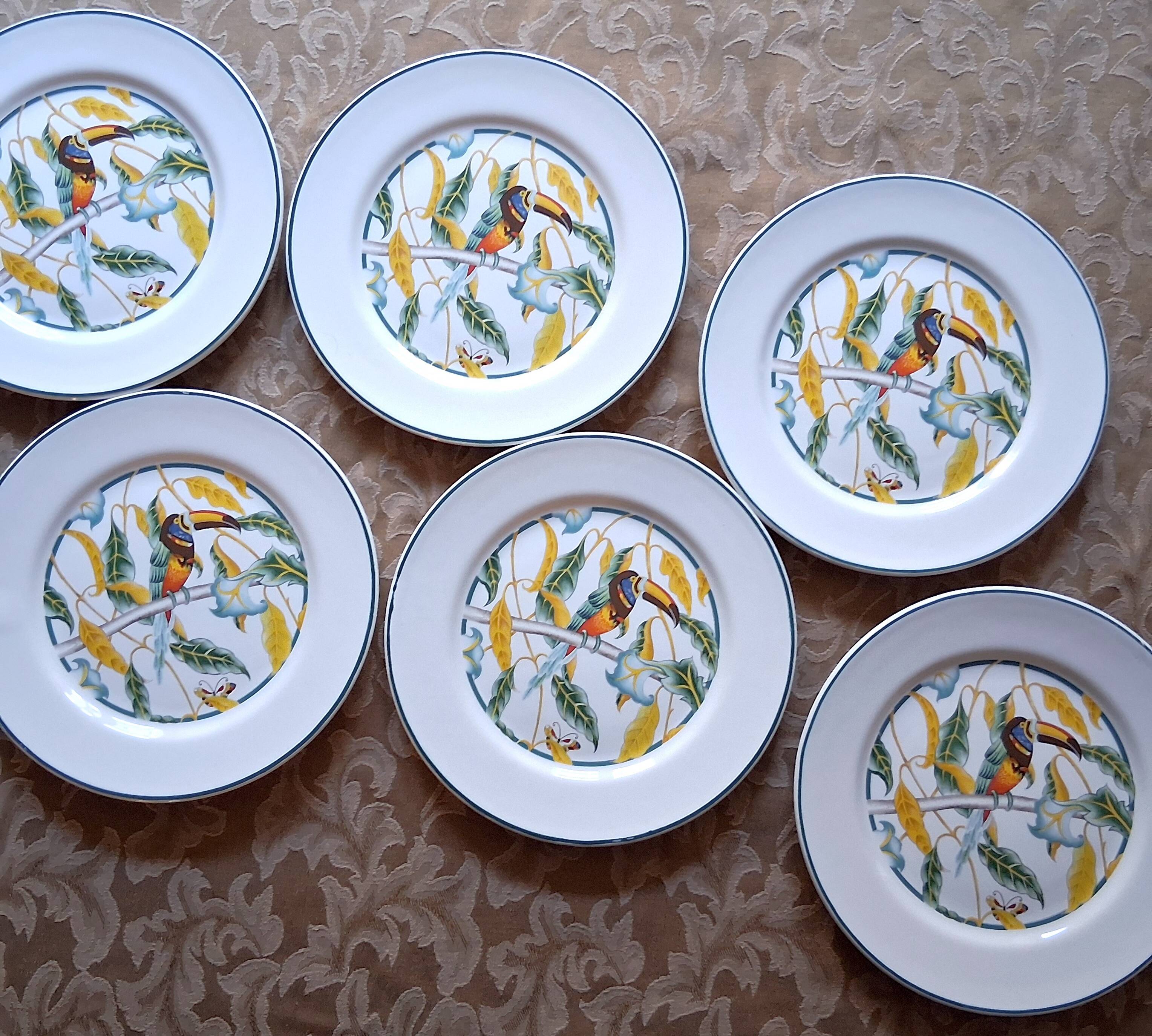 6 antique dessert plates with Toucan decor