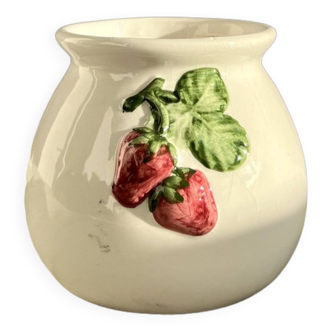 Vintage white earthenware planter with strawberry slip details