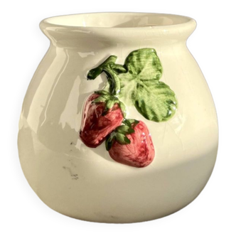 Cache pot vintage faïence blanc détails barbotine fraise