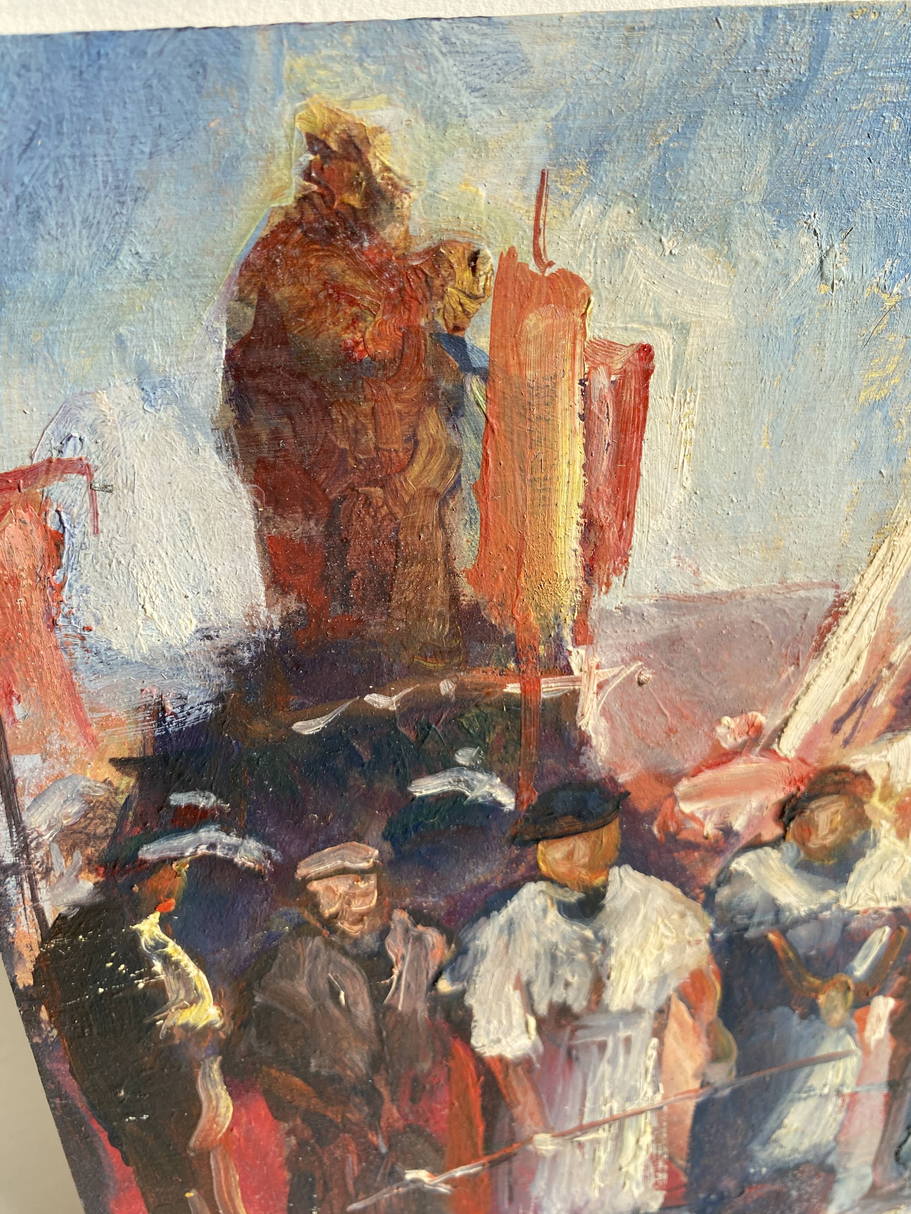 Oil painting “Sicilian procession” 1960, wooden frame and glass