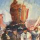 Huile « procession sicilienne « 1960, cadre bois et vitre