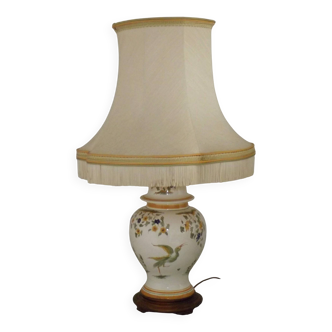 Table lamp with wooden base and fringed shade