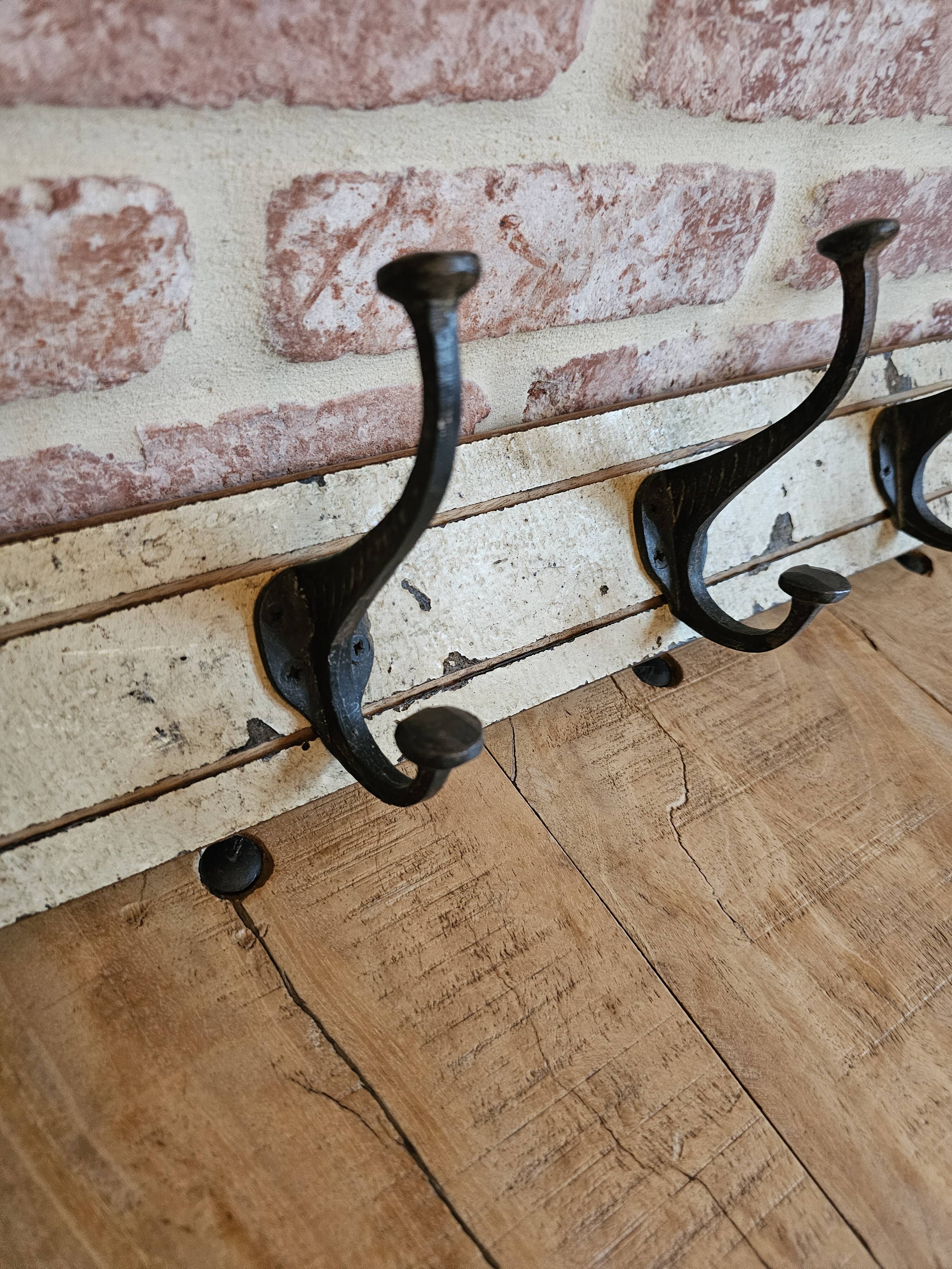 Solid teak coat hook with 4 double cast iron hooks