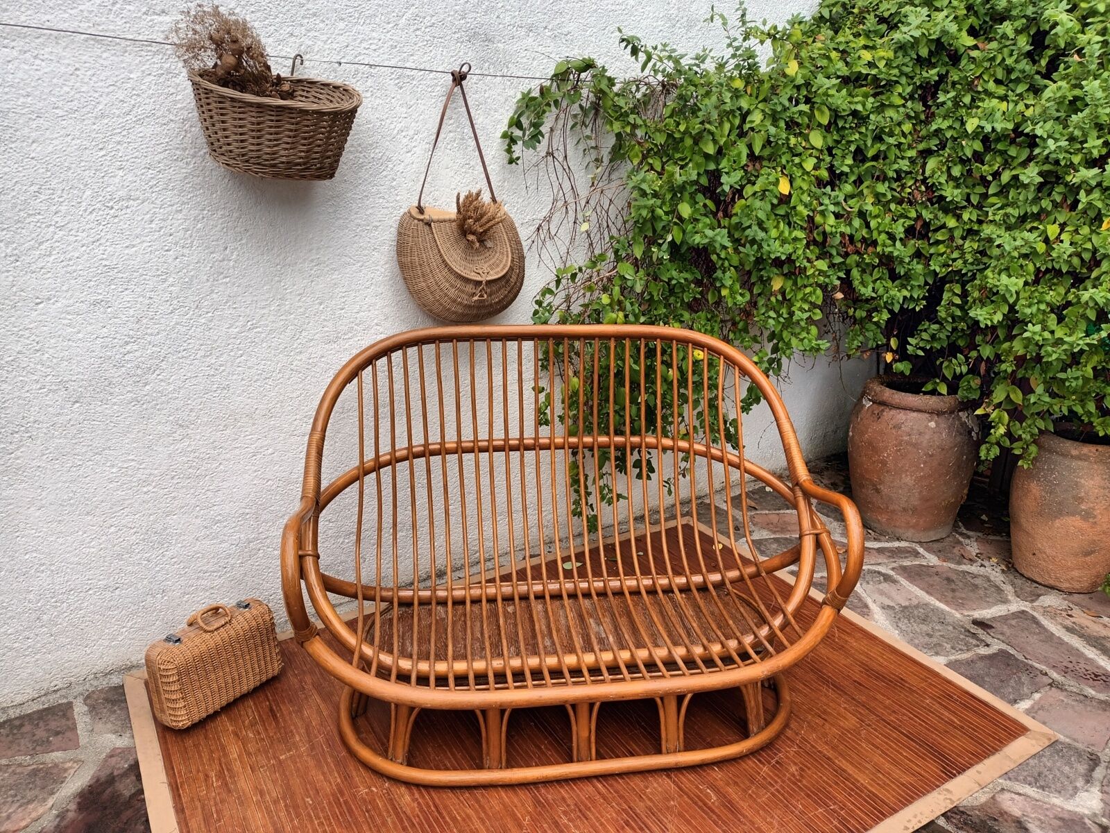 Rattan bench 70s