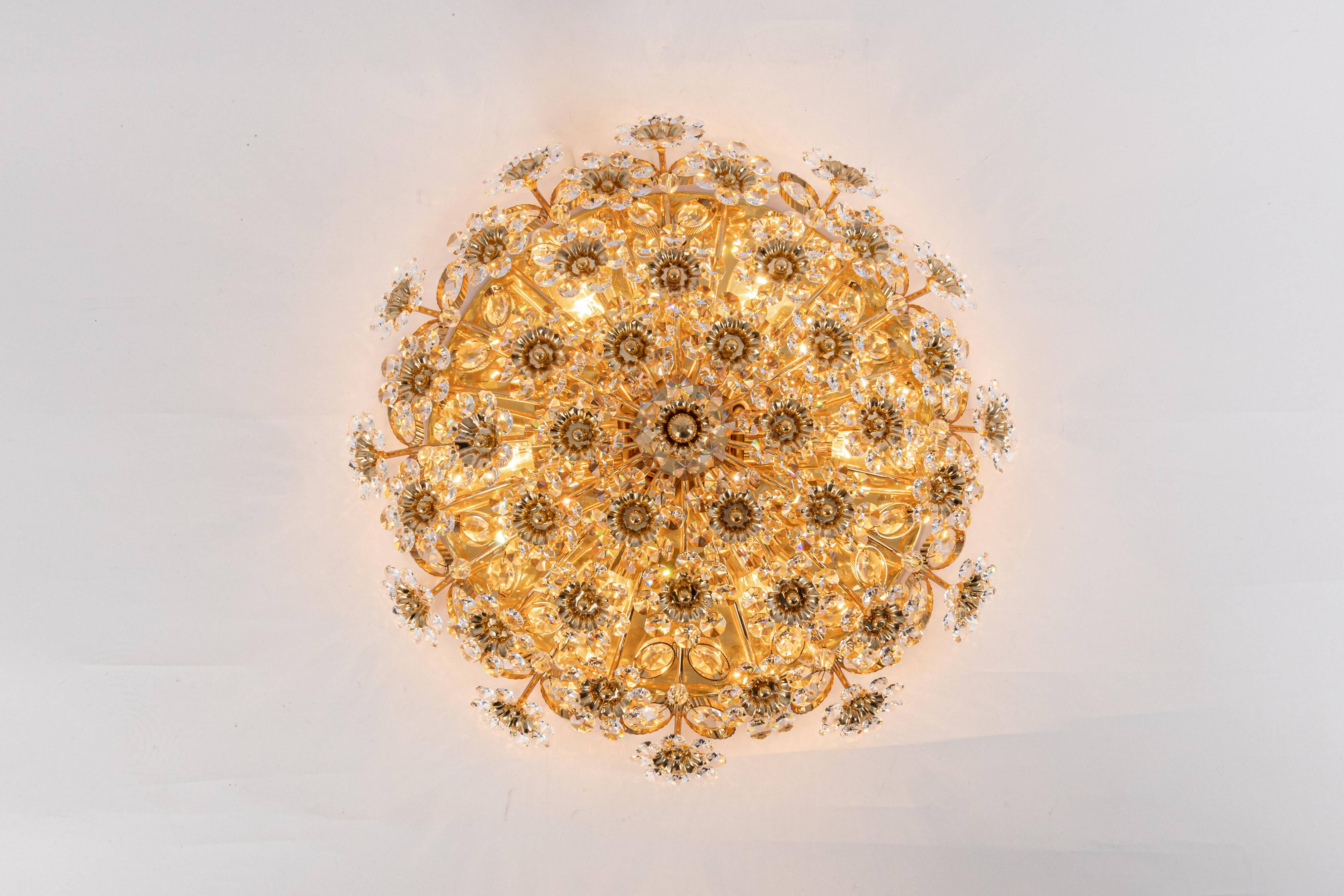 Brass ceiling light with cut glass flowers by Palwa, Germany, 1970s.