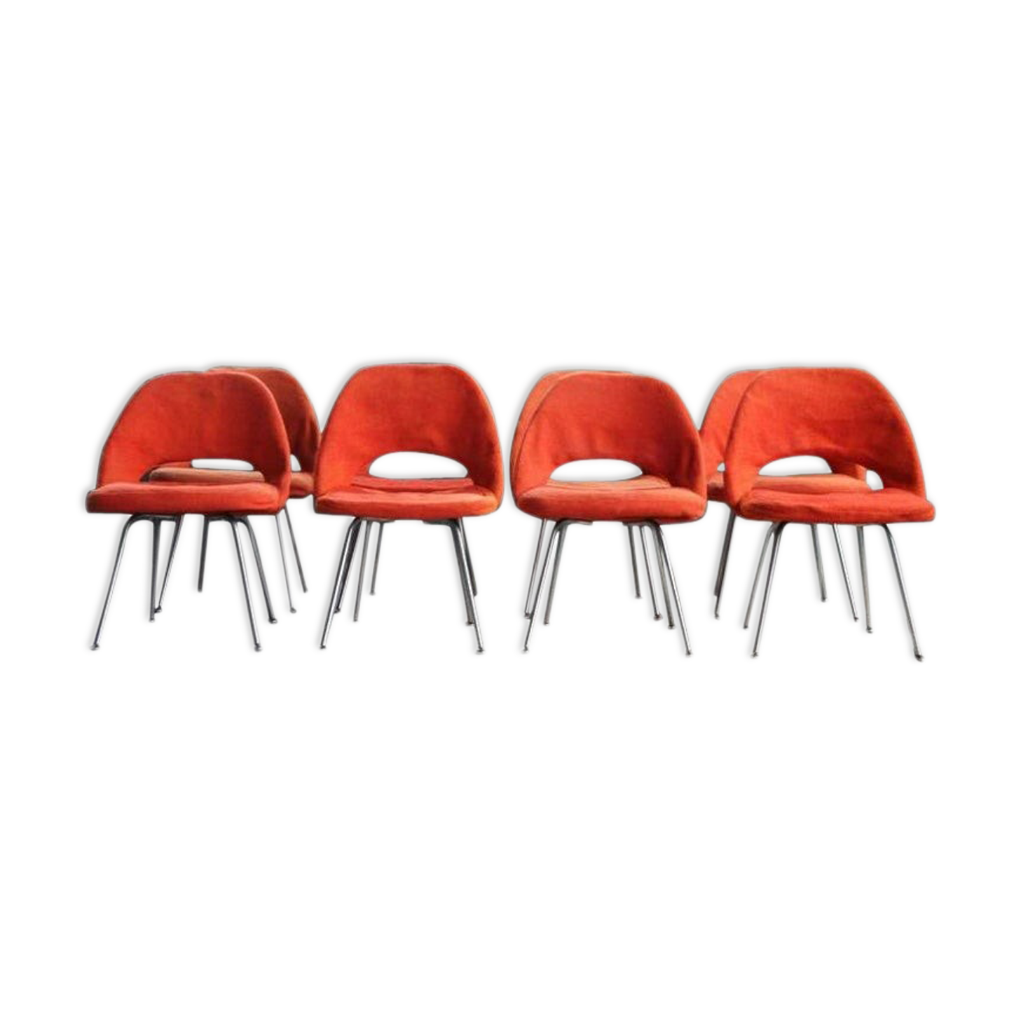 Set of 8 chairs in chrome steel and orange wool, 1960