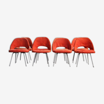 Ensemble de 8 chaises en acier chromé et laine orange, 1960