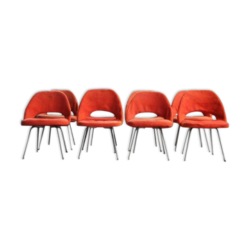 Set of 8 chairs in chrome steel and orange wool, 1960