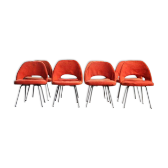 Set of 8 chairs in chrome steel and orange wool, 1960