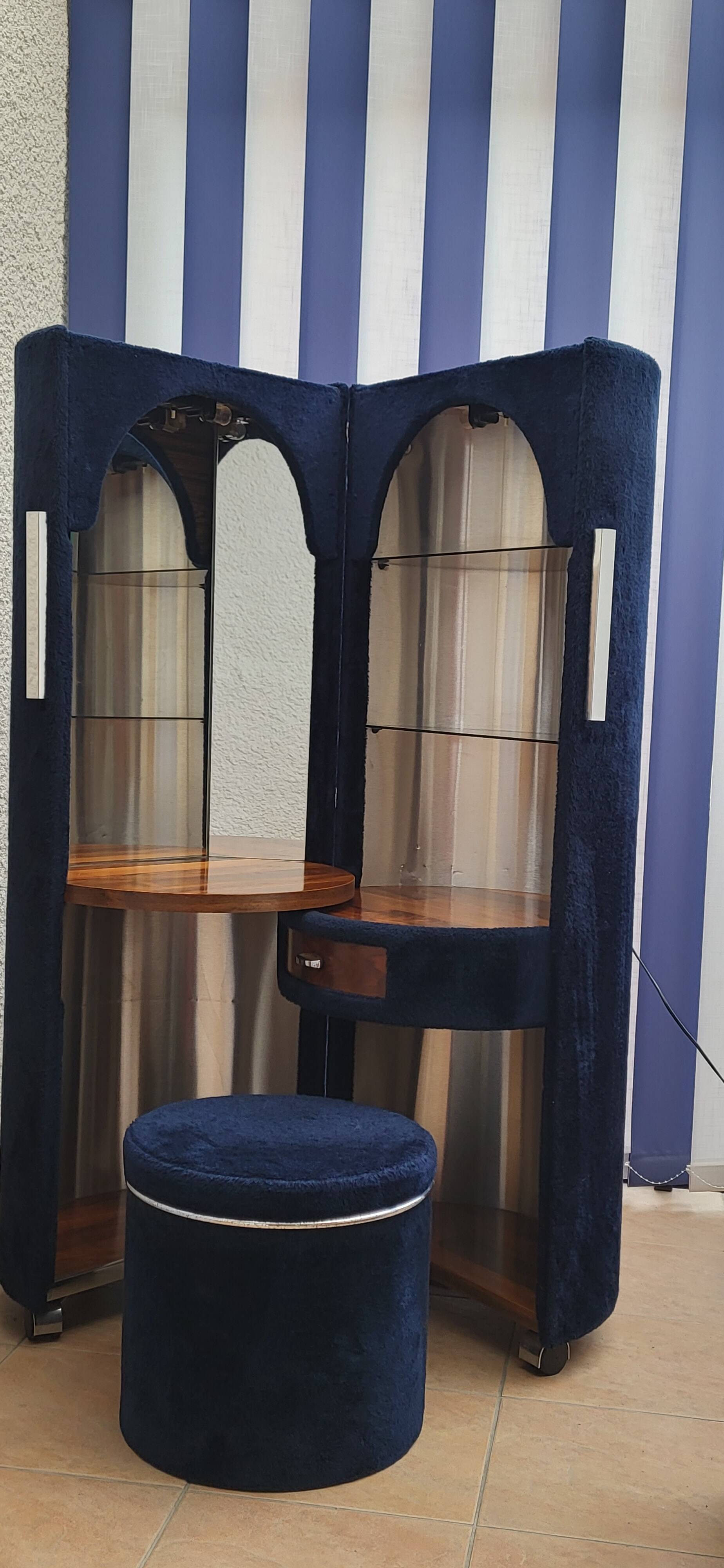 Coiffeuse vintage cylindrique bleue nuit année 70