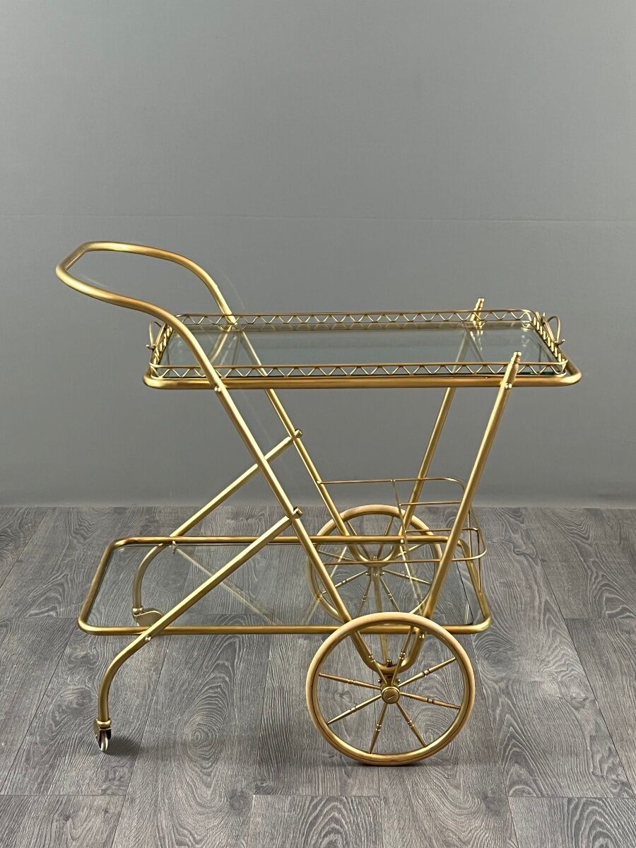 Rolling table cart in brass and glass, 20th century