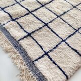 Moroccan Berber carpet Beni Ouarain unbleached with blue checkers majorelle 254x152cm