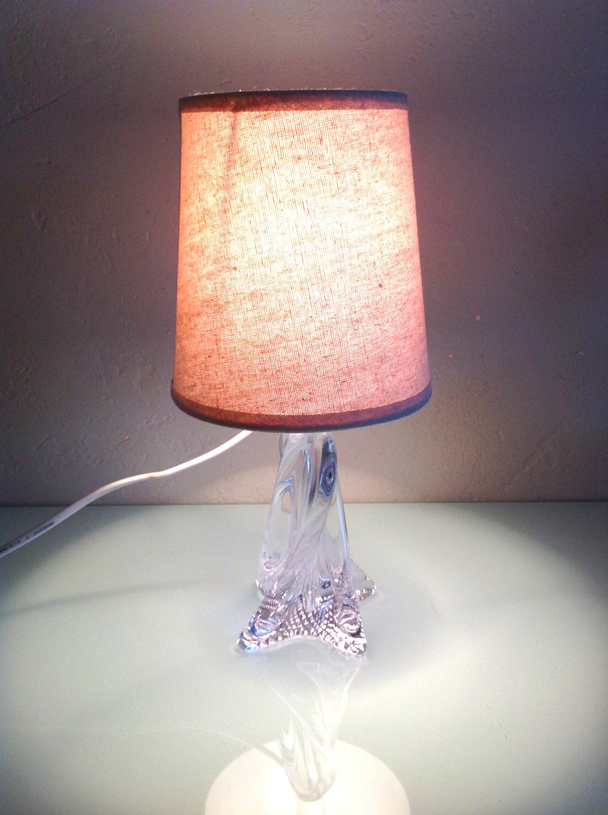 Bedside lamp with glass base and beige fabric lampshade / vintage 60s-70s