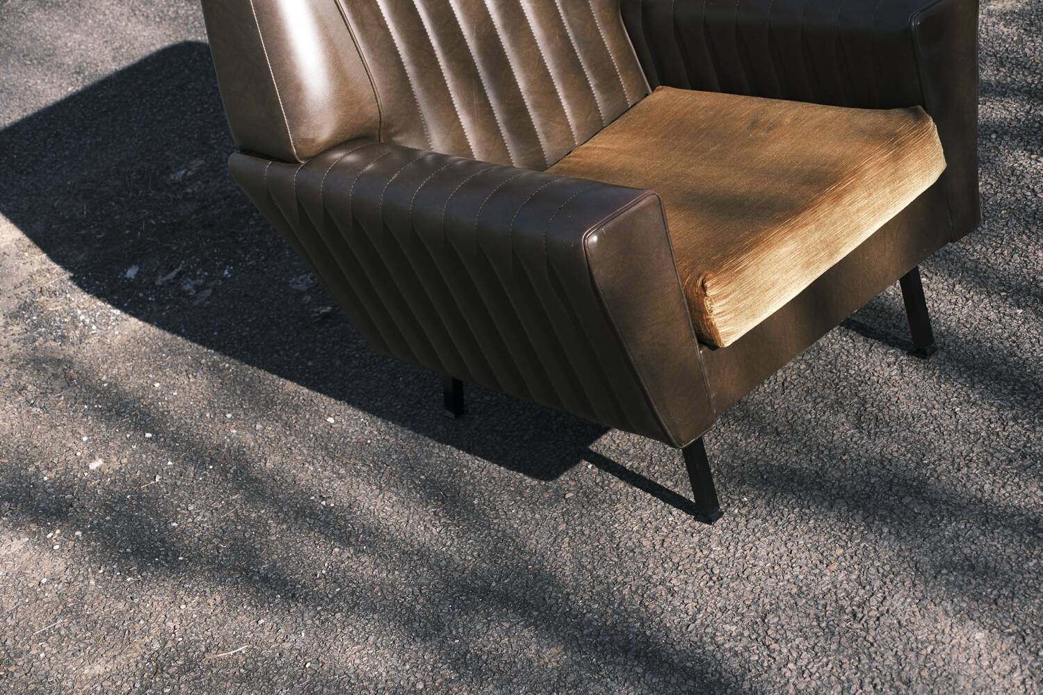 Vintage 60s armchair in brown skai and mustard fabric – restored