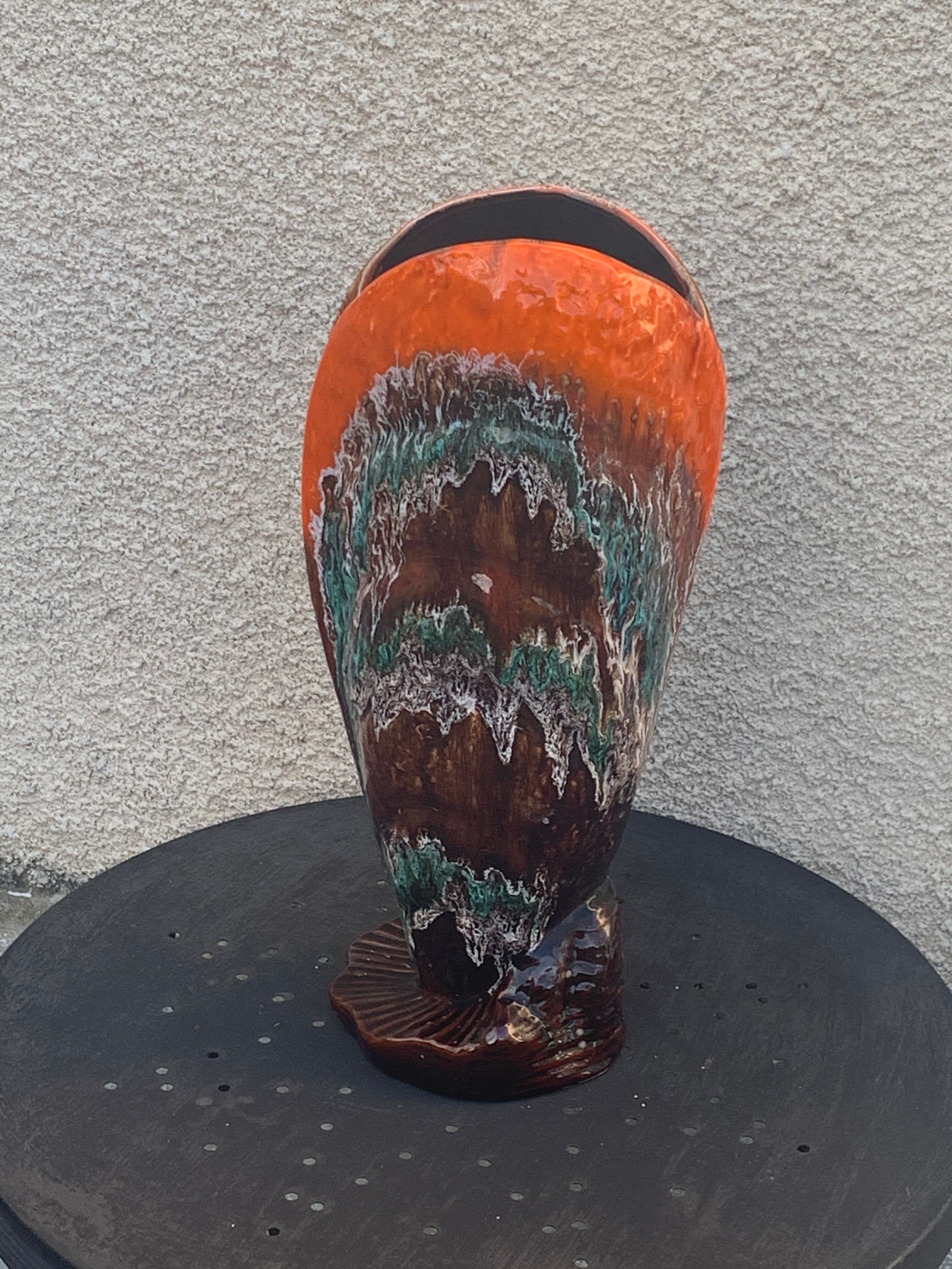 Flamed glazed ceramic slip vase molded pearly vintage vallauris