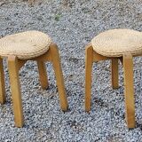 Pair of Scandinavian birch and sea rush stools from the 70s/80s