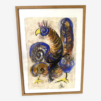 Gouache rooster painting on paper, modern school