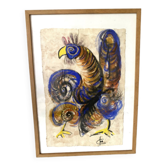 Gouache rooster painting on paper, modern school