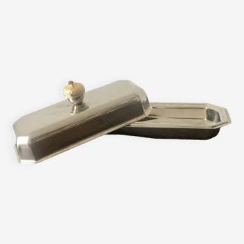 Silver-plated butter dish with golden hazelnut