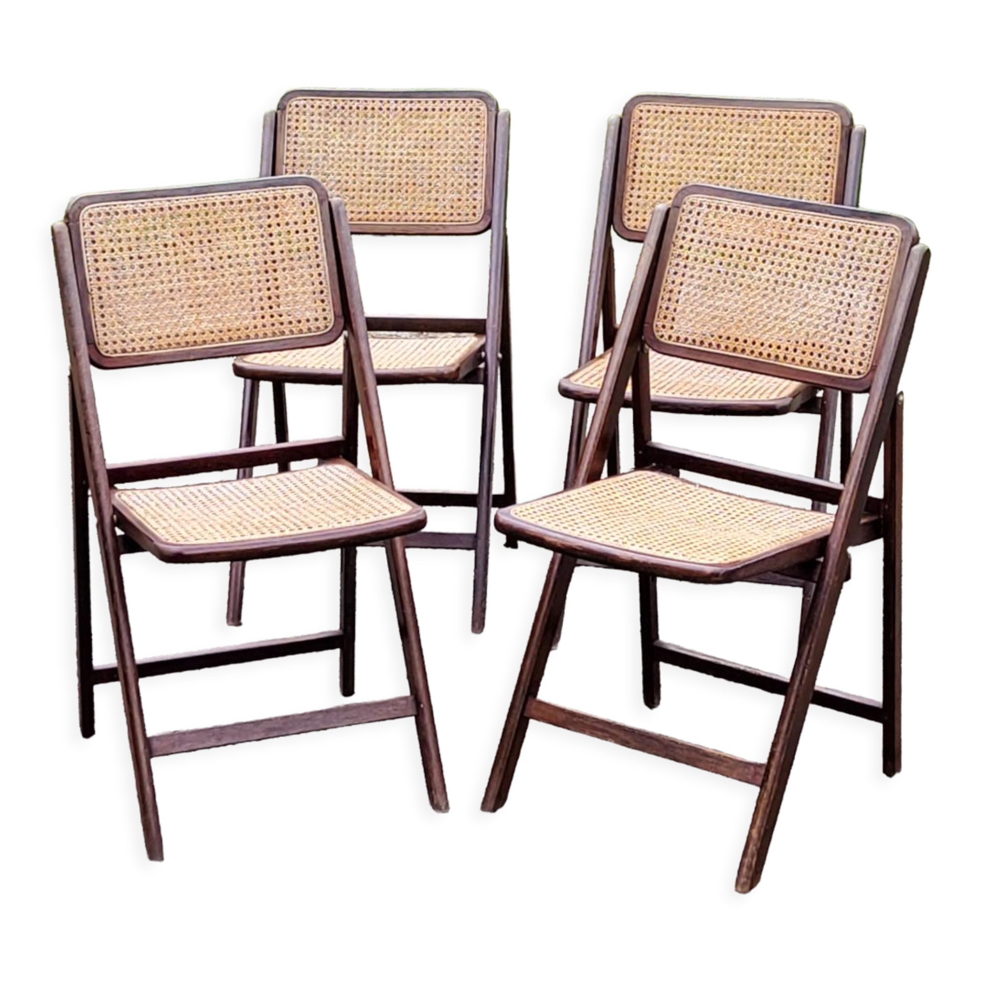 Set of 4 folding chairs wood and canning of the 70s