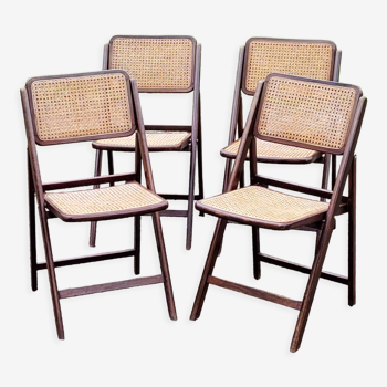 Set de 4 chaises pliantes bois et cannage des années 70