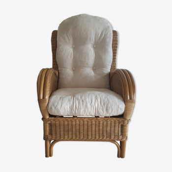 Fauteuil chauffeuse en bambou et rotin accoudoirs vintage