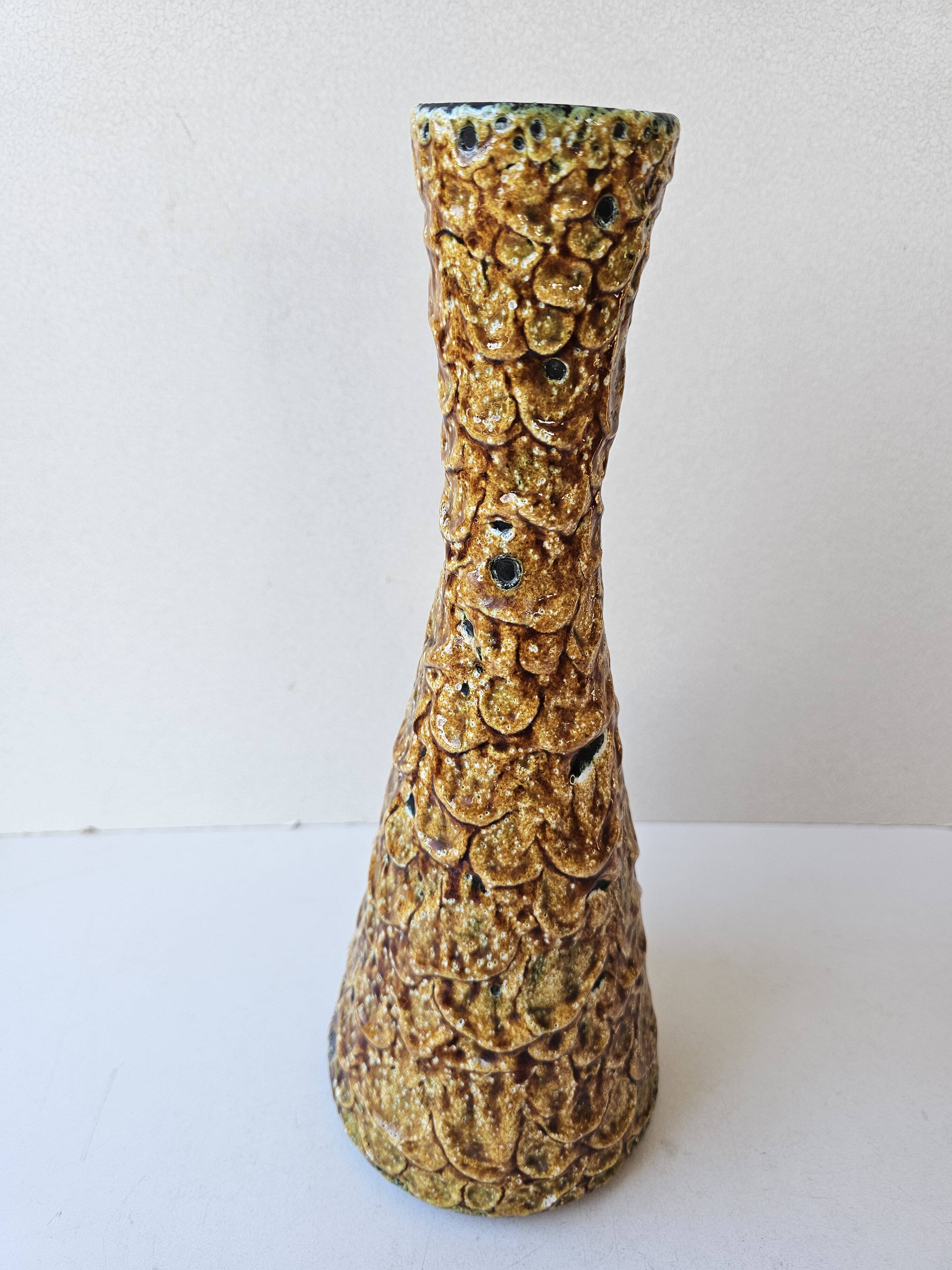 Vintage ceramic vase with honey glazes in Vallauris style, 30cm.