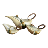 Hull pottery tea set parchment and pine, tea pot, creamer & sugar pot, american embossed majolica