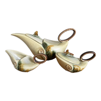 Hull pottery tea set parchment and pine, tea pot, creamer & sugar pot, american embossed majolica