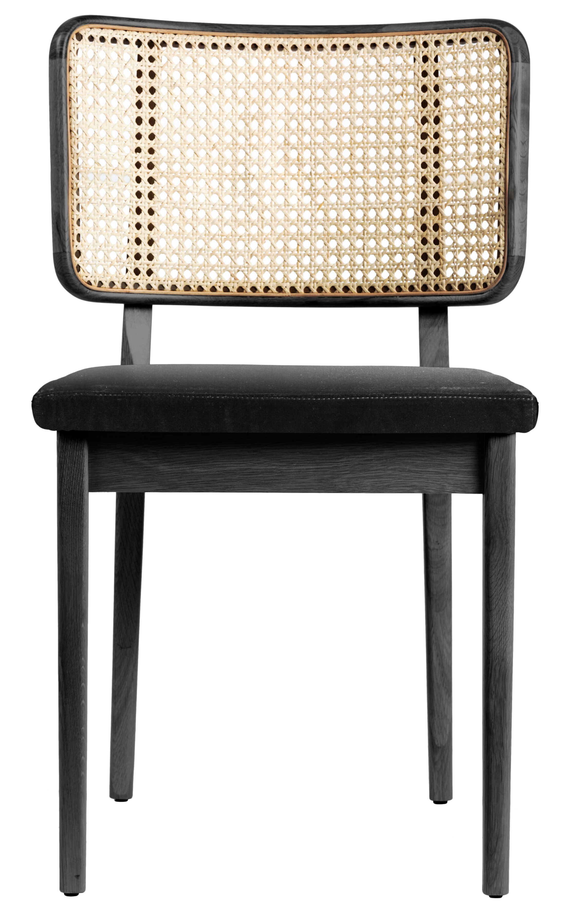 Chaise cannage bois noir velours gris chic