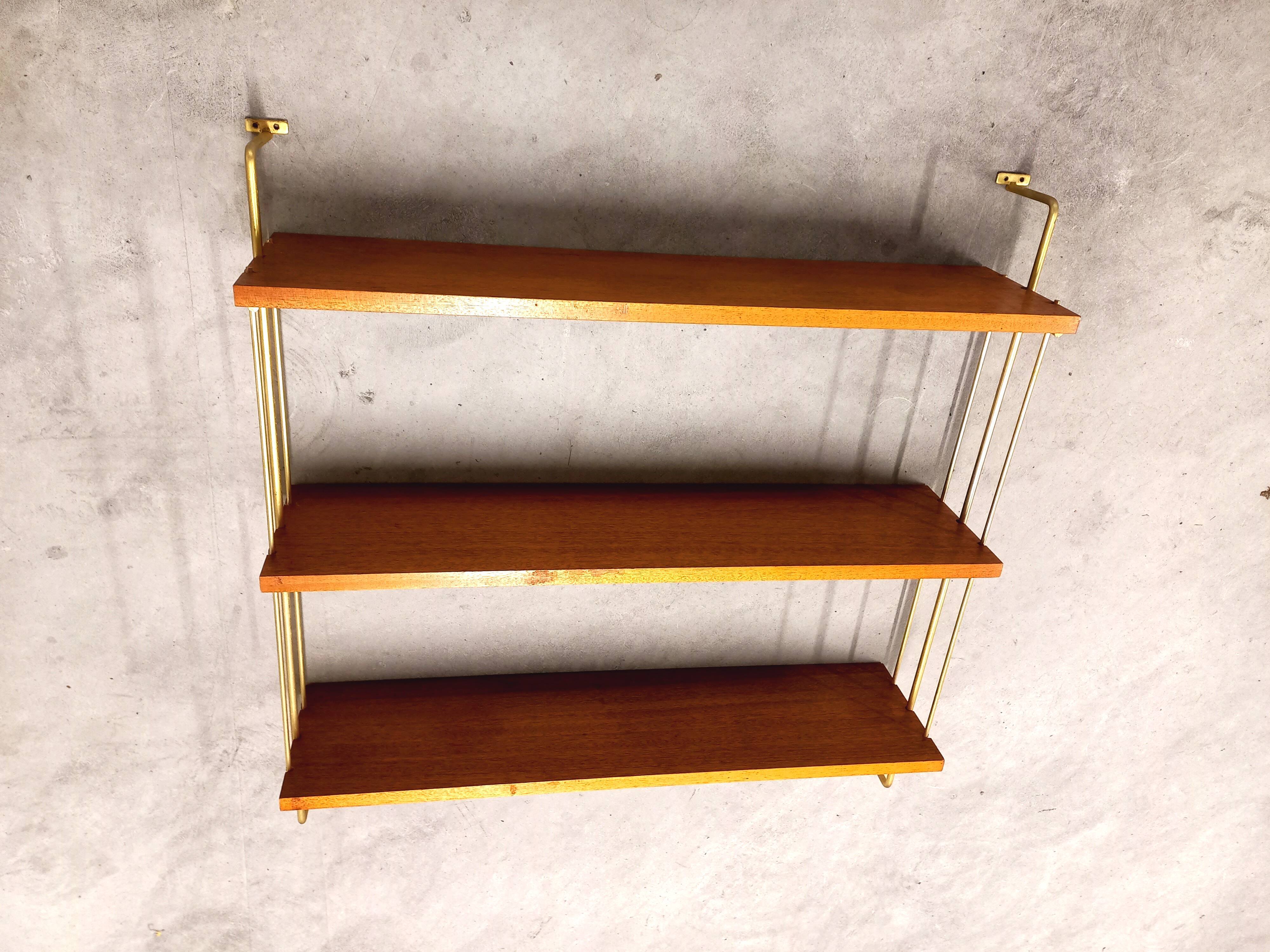 Vintage wall shelf in teak and golden brass String Tomado style