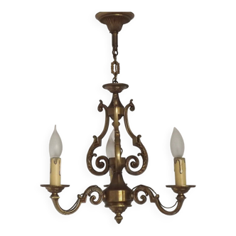 French Vintage Bronze Art Nouveau Style 3-Light 3-Sided Cage Chandelier