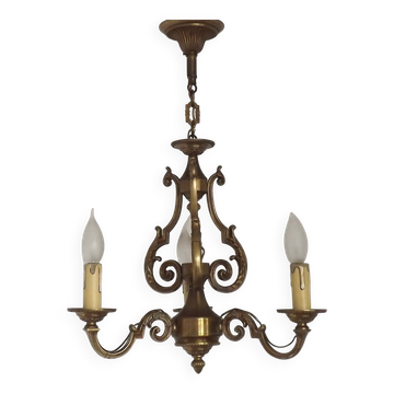 French Vintage Bronze Art Nouveau Style 3-Light 3-Sided Cage Chandelier