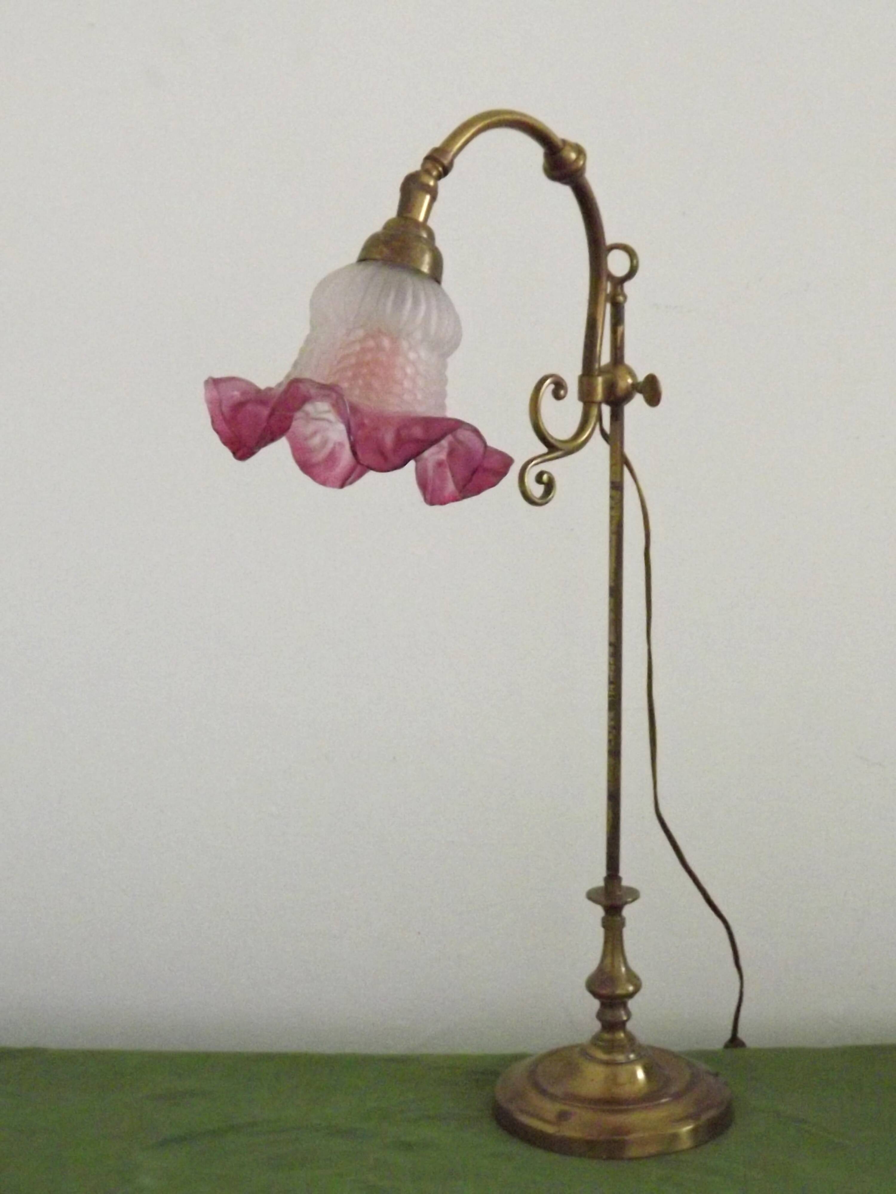 French Antique Brass Anglepoise Table Lamp Patterned Glass Pink Edged Shade 5131