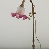 French Antique Brass Anglepoise Table Lamp Patterned Glass Pink Edged Shade 5131