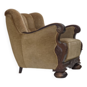 1960s, Danish armchair, original green furniture velour, carved oak wood.