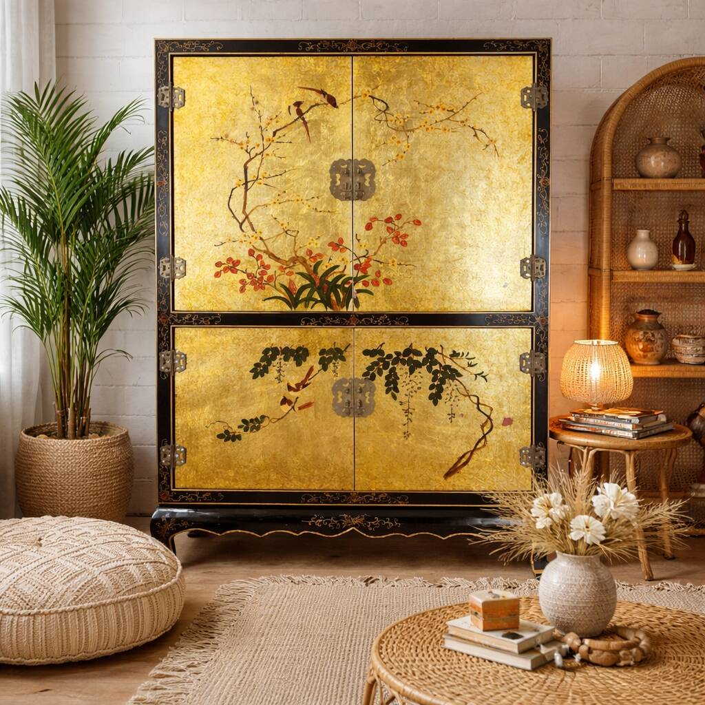 Vintage Chinese cabinet gold leaf / flowers and birds / bohemian