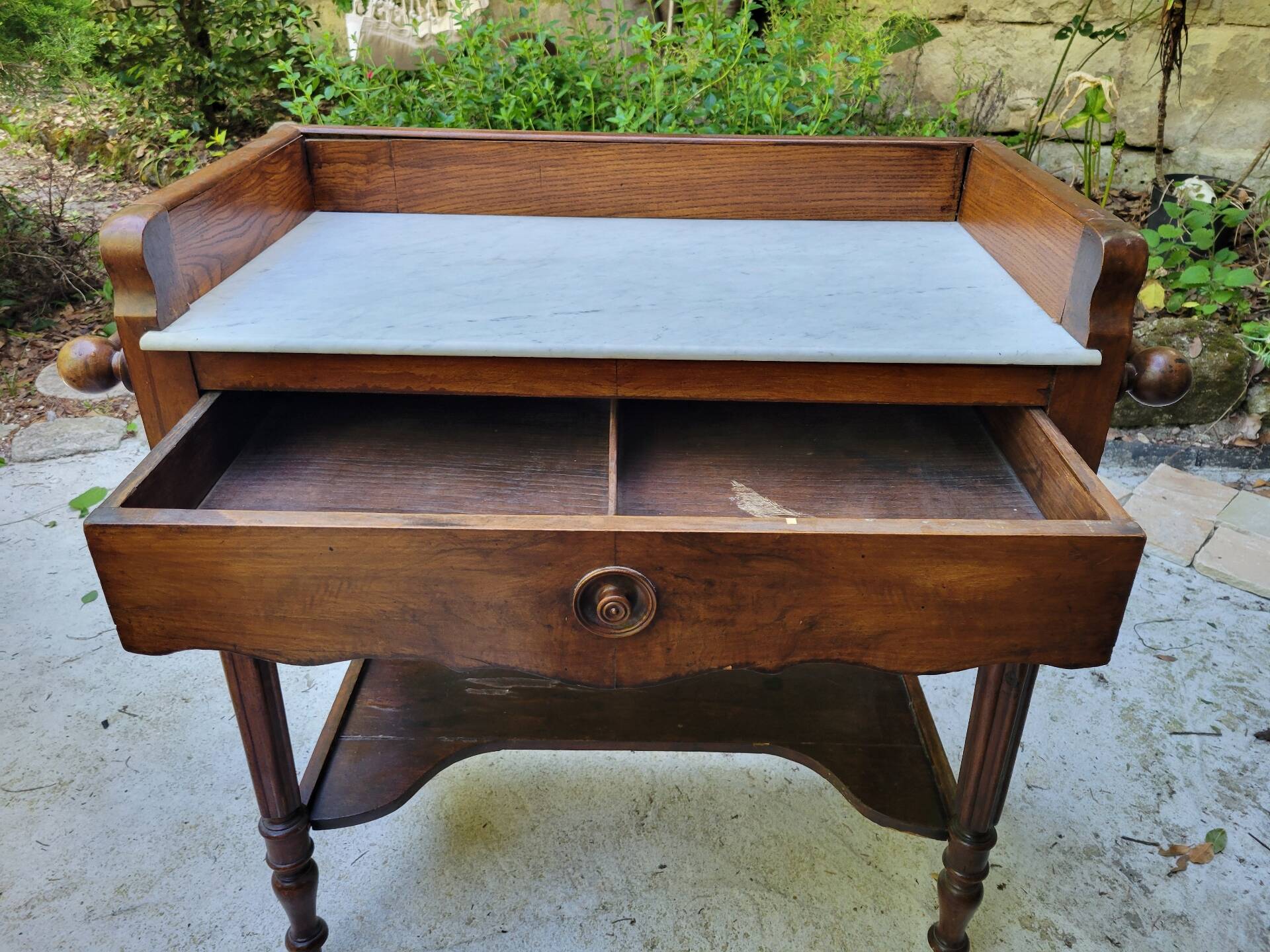 Antique walnut and Carrara white marble dressing table.