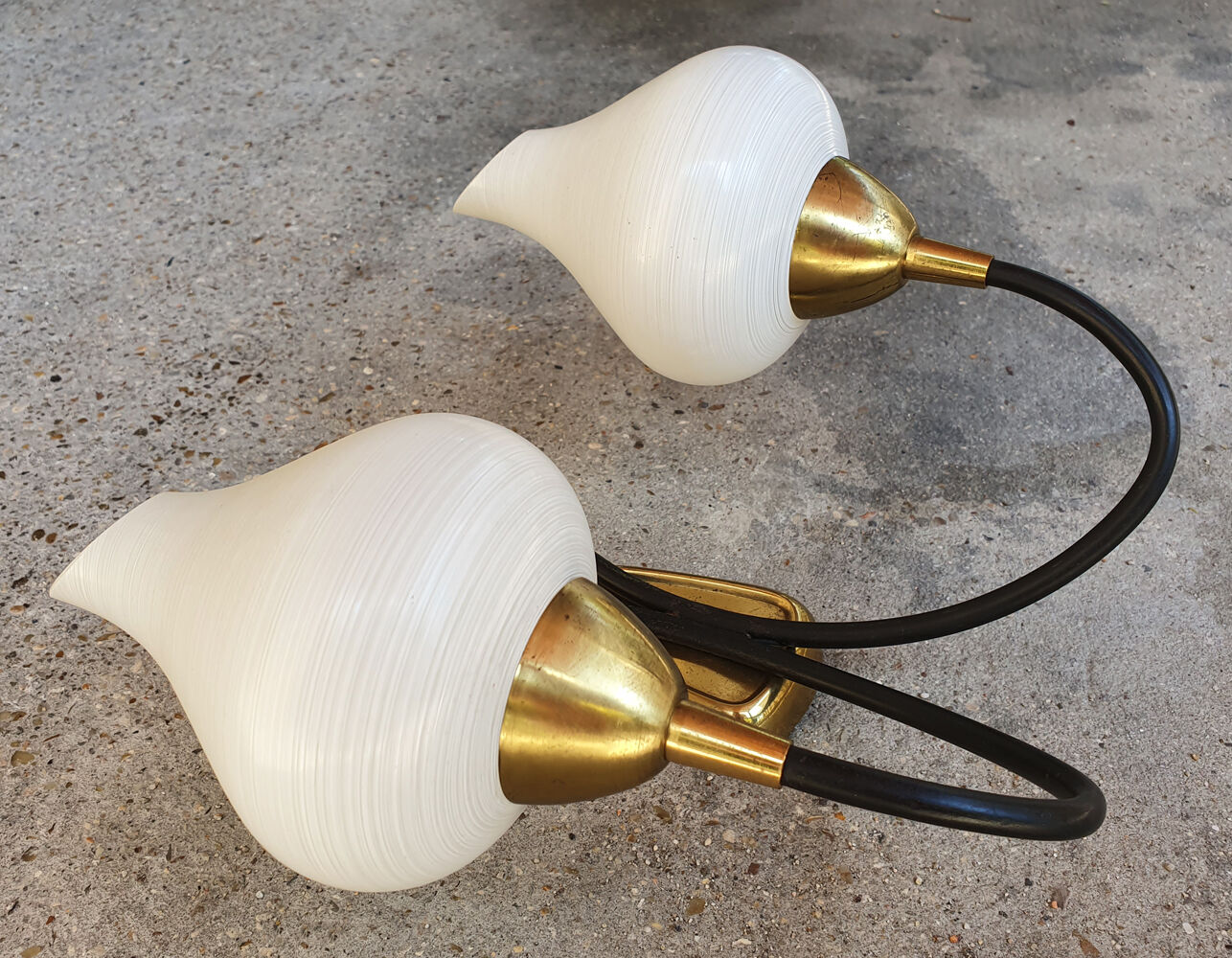 Pair vintage sconces, brass, steel and opaline 1950