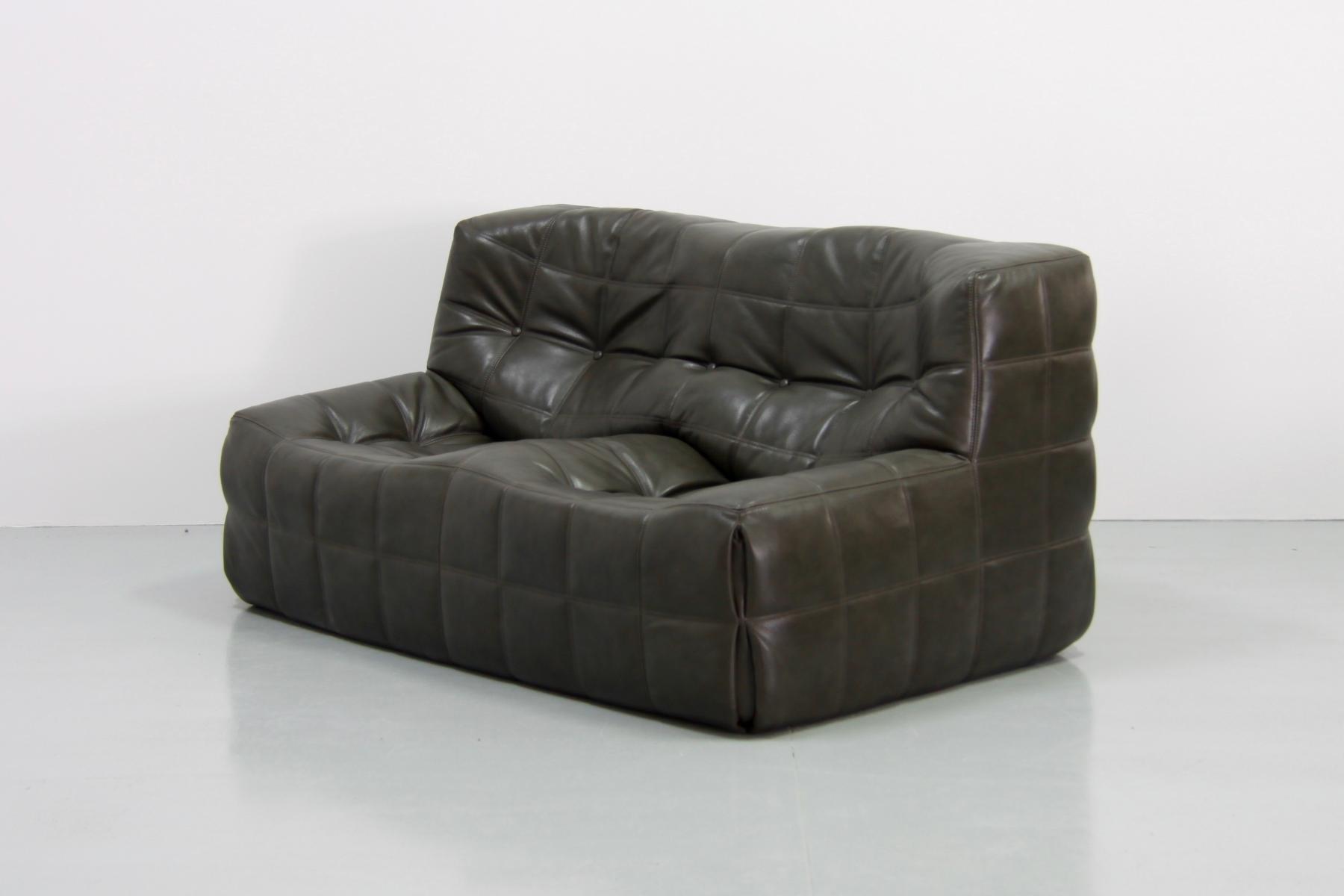 Living room sets vintage dark olive leather kashima by Michel Ducaroy for Ligne Roset