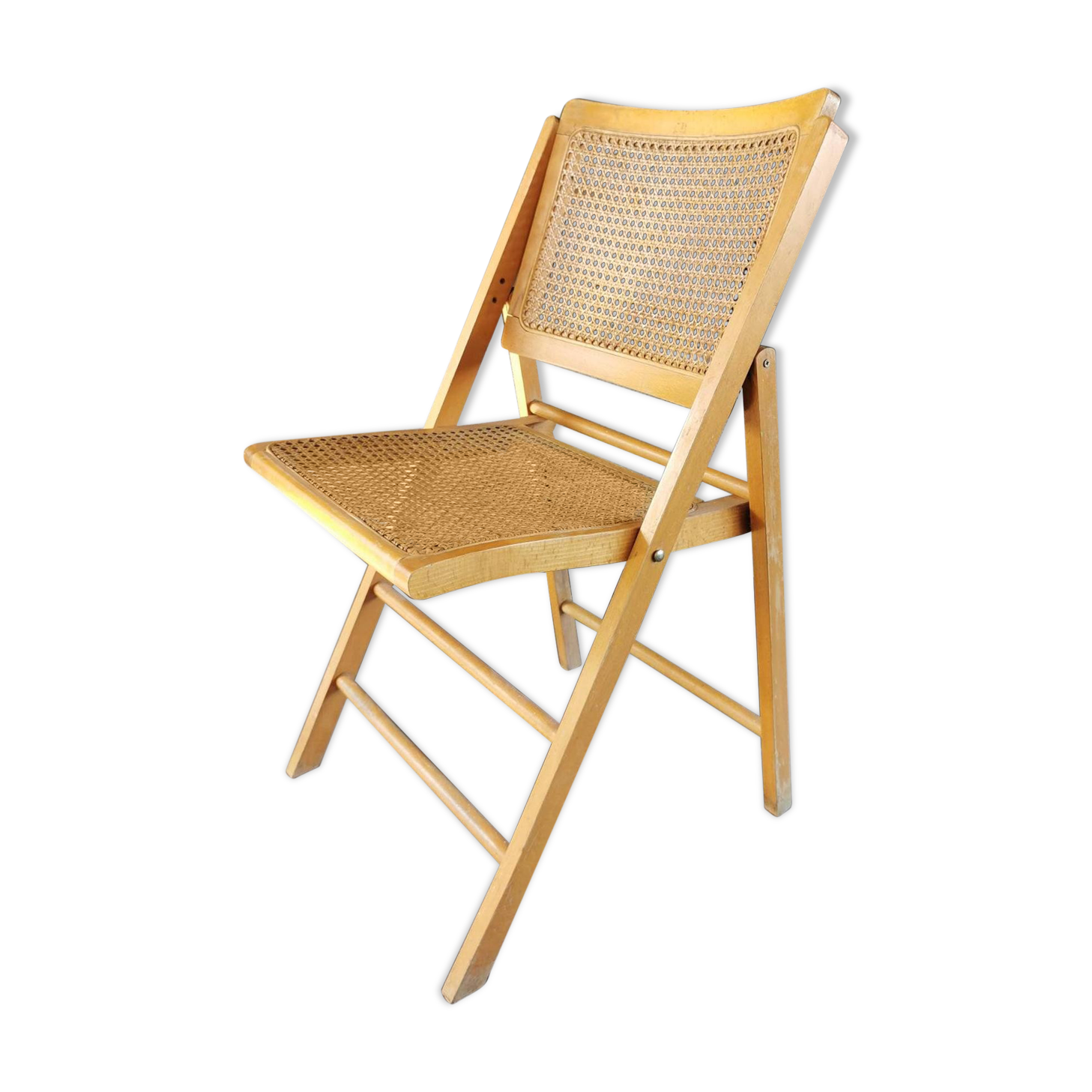 Vintage wooden folding chair with 1970 rattan seat and back