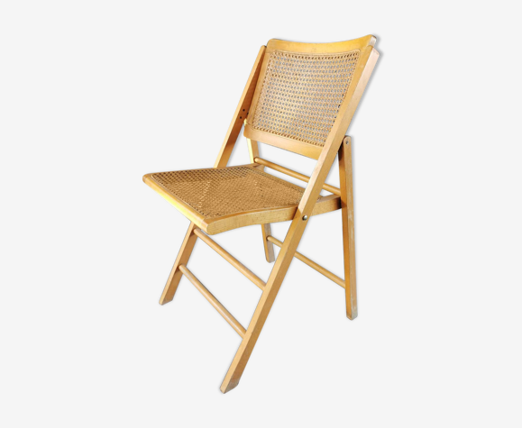 Chaise pliante vintage en bois avec assise et dossier en rotin 1970 |  Selency